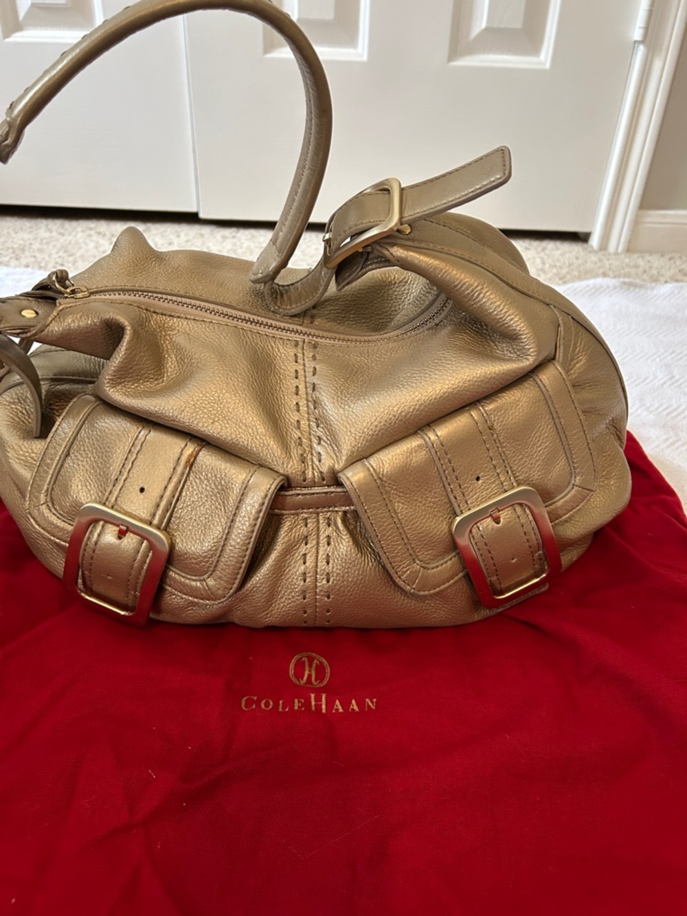 Cole Haan Metallic Gold Leather Shoulder Bag with Buckle Front Pockets
